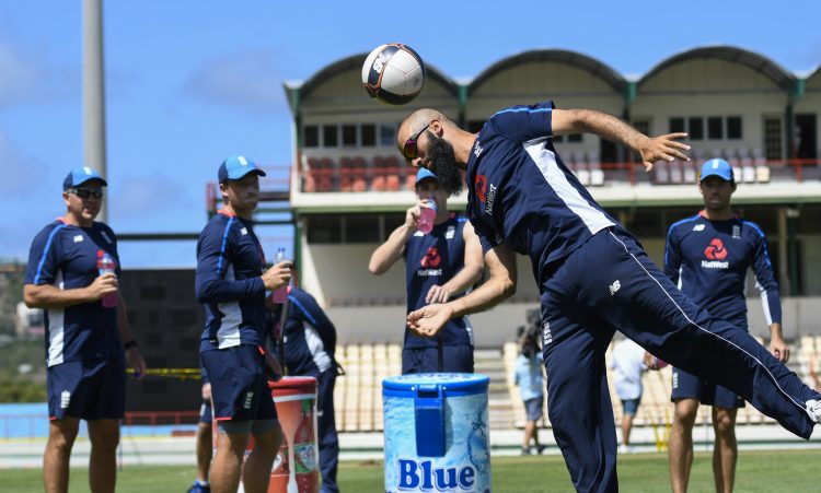 Moeen Ali of England takes part in a training session ahead of the 3rd Test between West and England