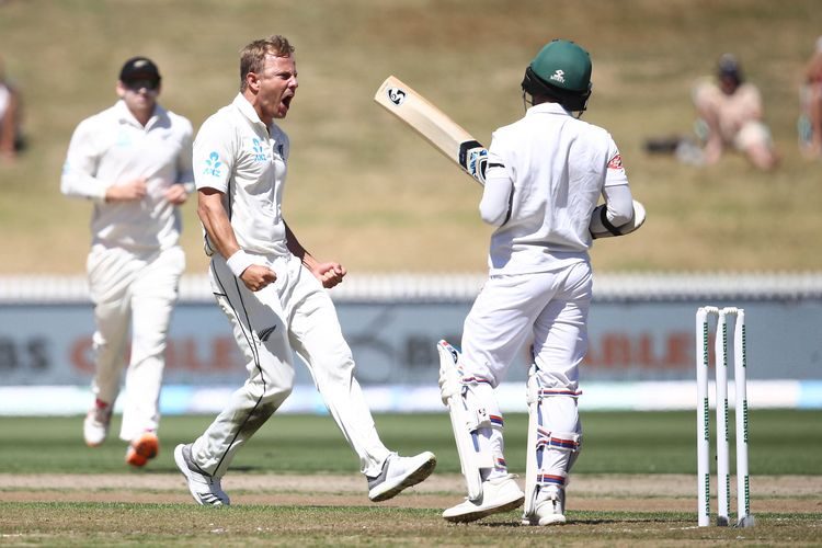 Neil Wagner celebrates his wicket of Mominul Haque during day one of the First Test match in the series between New Zealand and Bangladesh at Seddon Park