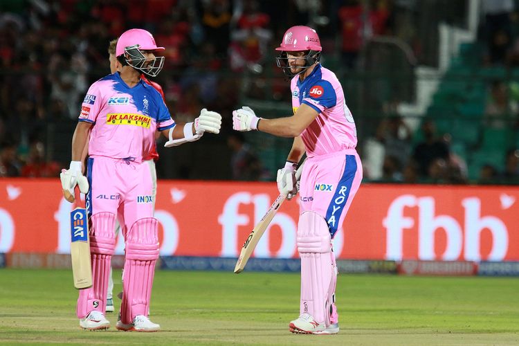 Jos Buttler of RR and Ajinkya Rahane captain of RR during match 4 of the Vivo Indian Premier League Season 12, 2019 between the Rajasthan Royals and the Kings XI Punjab held at the Sawai Mansingh Stadium in Jaipur on the 25th March 2019