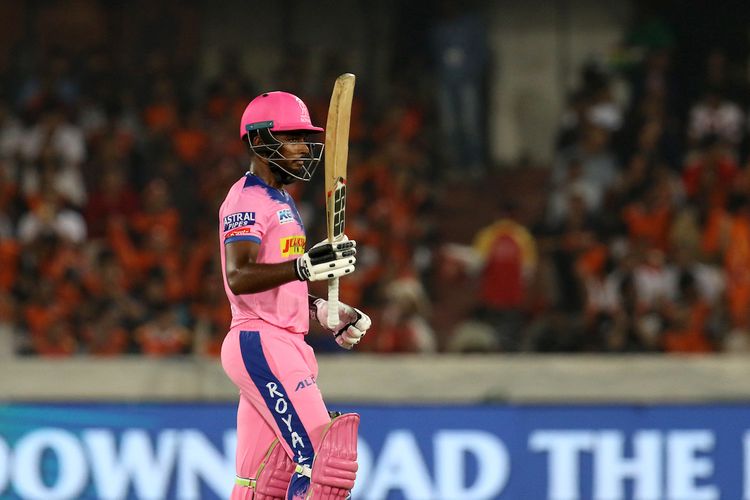 Sanju Samson of Rajasthan Royals celebrates his century during match 8 of the Vivo Indian Premier League Season 12, 2019 between the Sunrisers Hyderabad and the Rajasthan Royals held at the Rajiv Gandhi Intl. Cricket Stadium, Hyderabad on the 29th March 2019