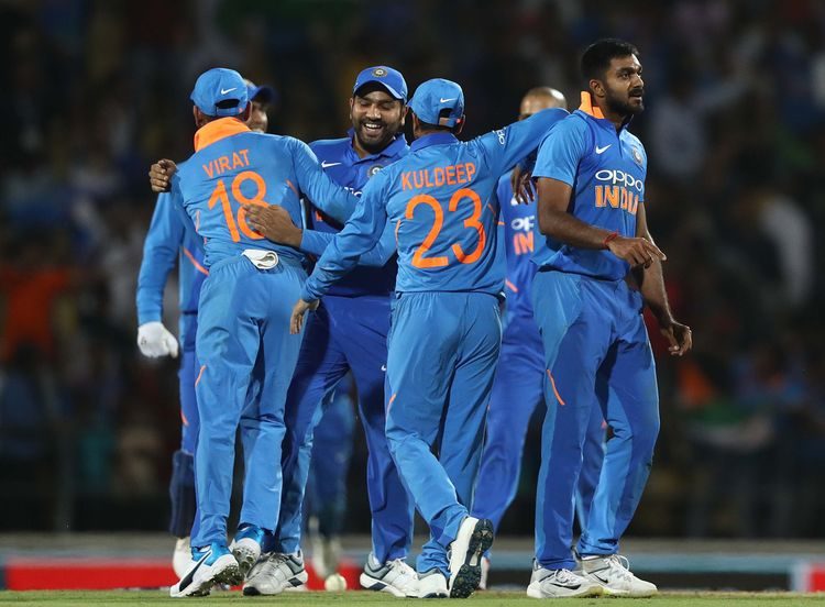 Indian team celebrate after they defeated Australia in the second ODI in Nagpur, India.