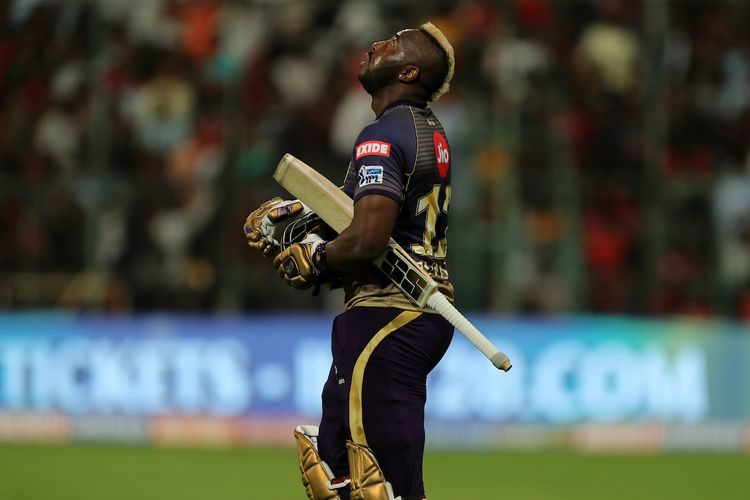 Andre Russell of Kolkata Knight Riders celebrates win during match 17 of the Vivo Indian Premier League Season 12, 2019 between the Royal Challengers Bangalore and the Kolkata Knight Riders held at the M Chinnaswamy Stadium in Bengaluru on the 5th April 2019