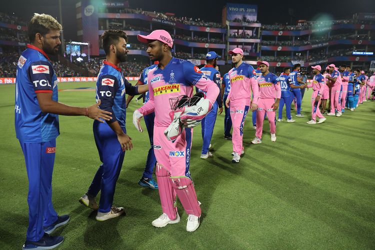 Players shake hands after the match 53 of the Vivo Indian Premier League Season 12, 2019 between the Delhi Capitals and the Rajasthan Royals held at the Feroz Shah Kotla Ground, Delhi on the 4th May 2019