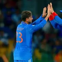 Colombo, Sri Lanka. 11th September 2023. India's Kuldeep Yadav (L) and Virat Kohli celebrate their team's victory at the end of the Asia Cup 2023 super four one-day international (ODI) cricket match between India and Pakistan at the Premadasa Stadium in C